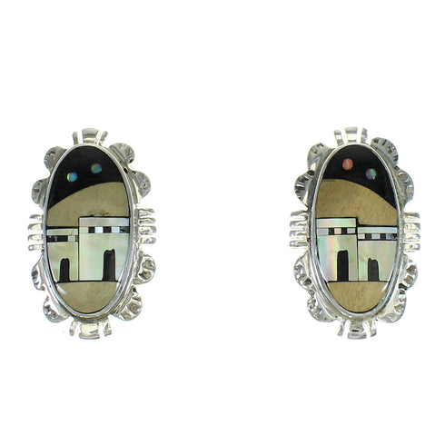 Native American Village Design Multicolor Sterling Silver Post Earrings AX81238